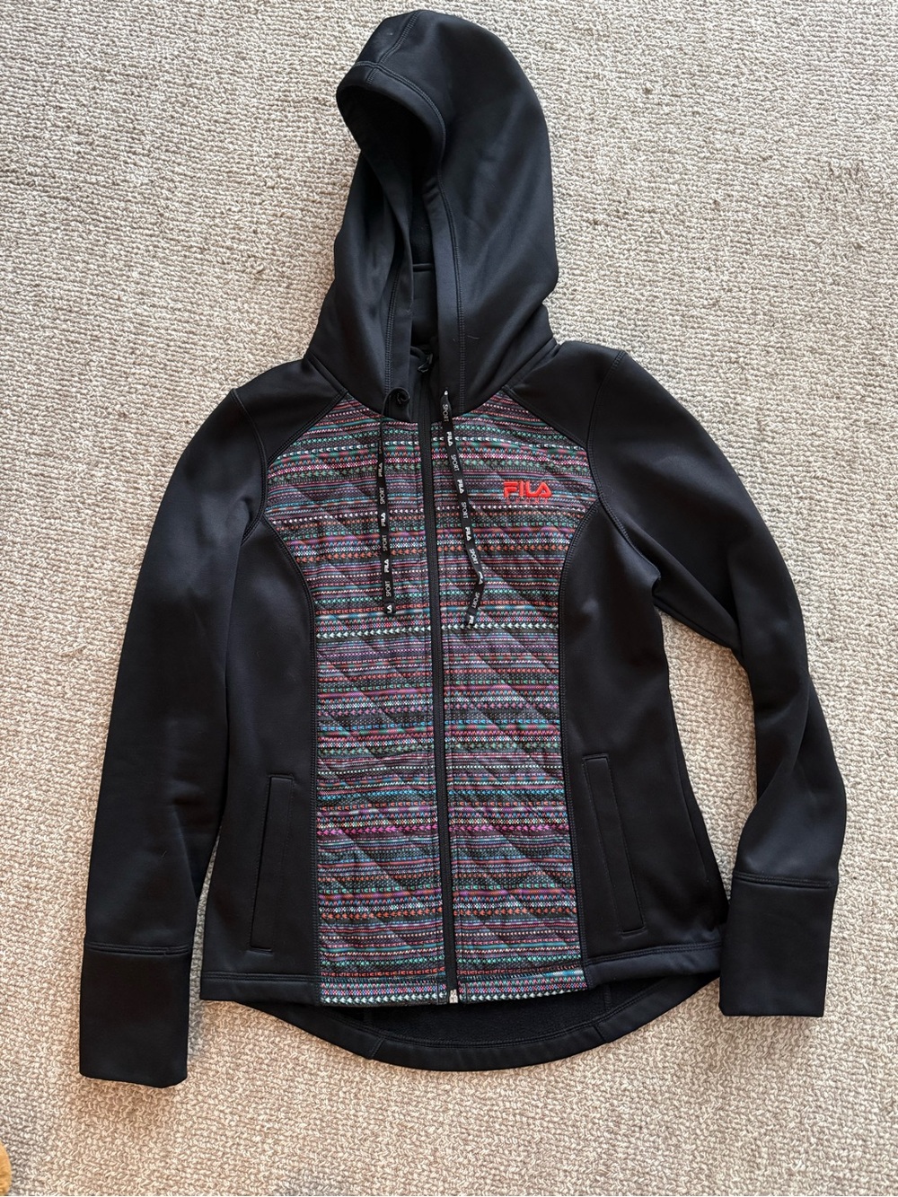 Fila Black Hooded Jacket with Multicolor Patterned Front Panel